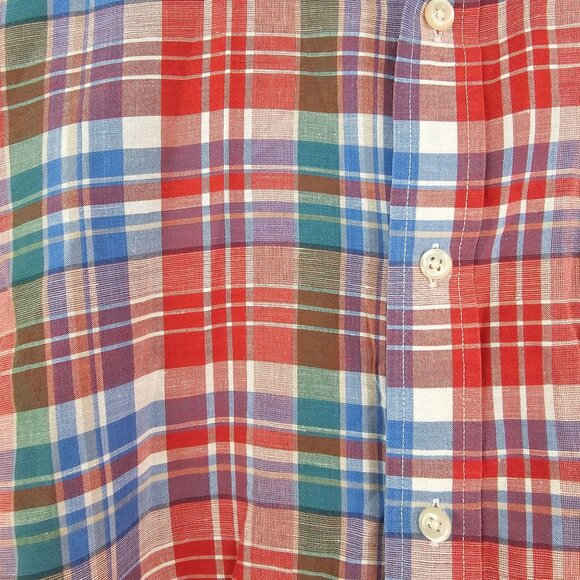 Ralph Lauren Chaps Linen Blend Colorful Plaid Shirt Mens Sz L Preppy Work Casual - Picture 2 of 9